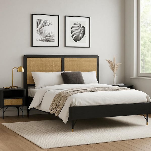 Theo 3-Piece Black, Brown and Gold Metal King Size Bedroom Set with Rattan Headboard and 2-Nightstands