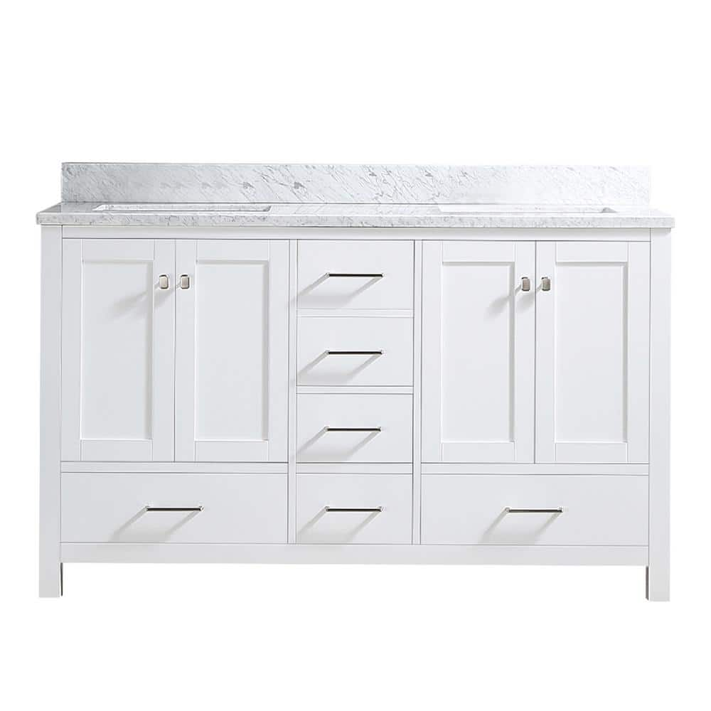 Aro 59 White Double Sink Freestanding Bathroom Vanity Drawers & Doors Faux  Marble Top