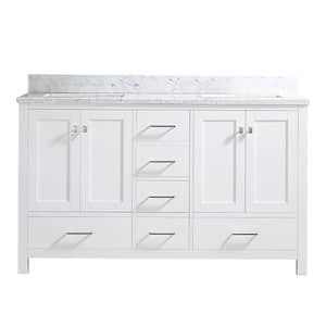 60 in. W x 22 in. D x 39.8 in. H Freestanding Bath Vanity in White with White Marble Top, Backsplash, Double Sink
