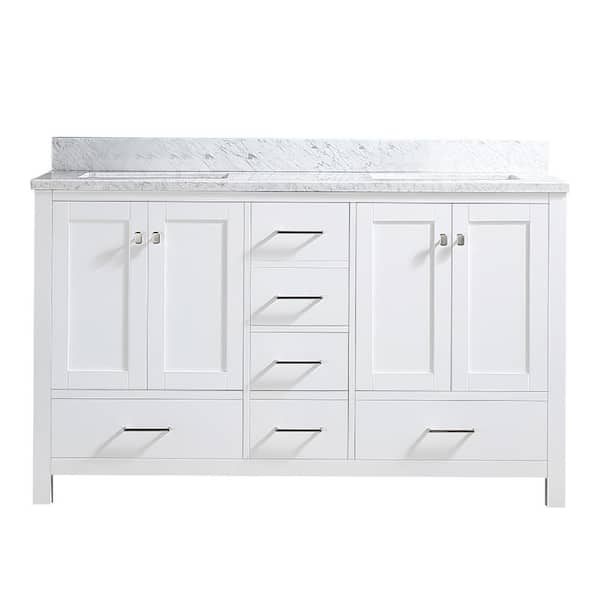 HBEZON 60 in. W x 22 in. D x 39.8 in. H Freestanding Bath Vanity in White with White Marble Top, Backsplash, Double Sink