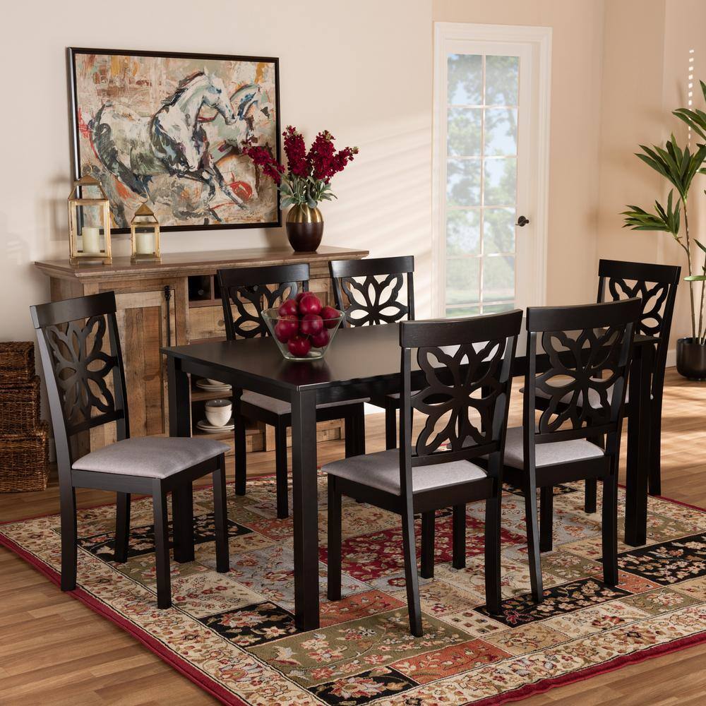 Dallas Dark Brown Wood and Grey Fabric 7-Piece Dining Set