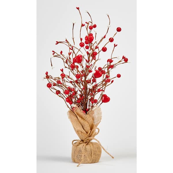 Unbranded 18 in Valentine's Day Red and White Hearts with Berries Table Tree in Burlap Sack Base