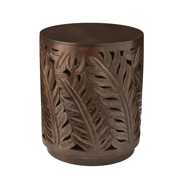 Home Decorators Collection Palmeadow 20 in. Round Carved Walnut Brown Wood Accent Table