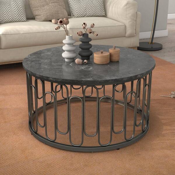Furniture of America Farley 36 in Black Round Stone Coffee Furniture of America Farley 36 in Black Round Stone Coffee
