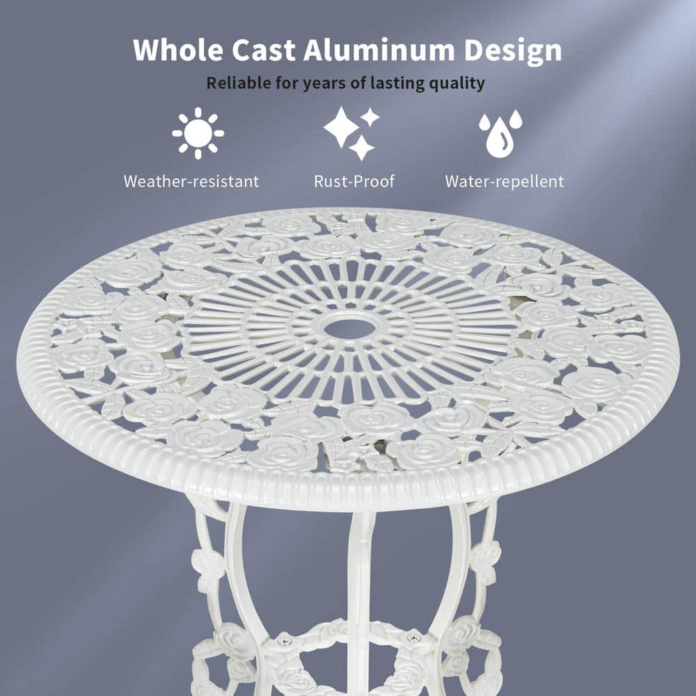 White Cast Aluminum Rose Design Outdoor Bistro Set