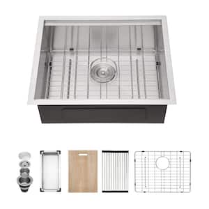 Brushed Nickel Stainless Steel 23 in. Single Bowl Drop-in Kitchen Sink with Stainless Steel Dish Grid