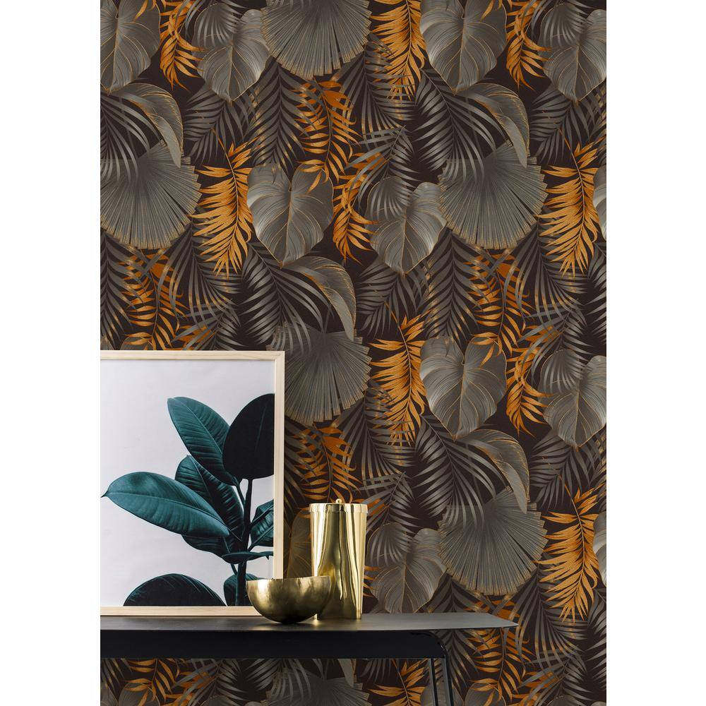 Valdivi Black and Gold Vinyl Palm Leaf Wallpaper Roll