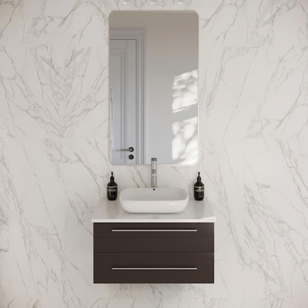 Lucera 30 in. Single Sink Wall Mount Floating Espresso Bath Vanity with White Quartz Top and Vessel Ceramic Sink