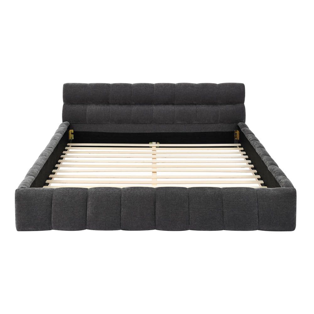 Elfin Beige Wood Frame Queen Size Platform Bed with Chenille Upholstered Headboard - thumbnail 9