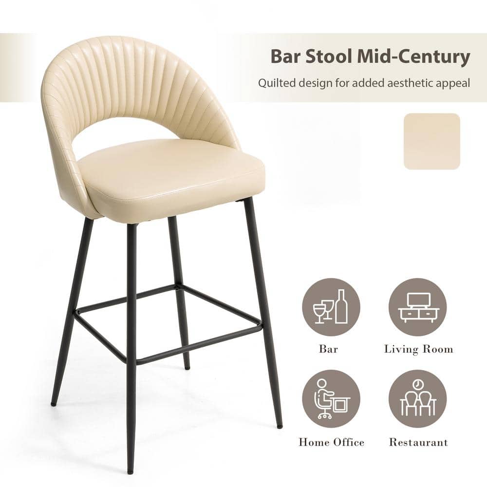 Set of 2 Cream Quilted Leatherette Bar Stools with Metal Legs