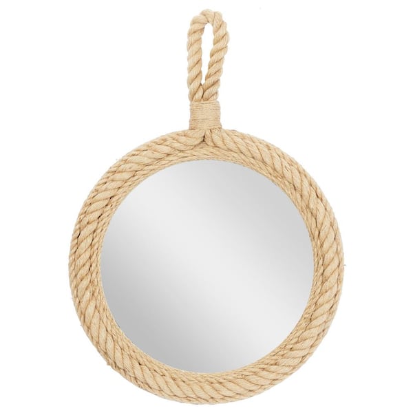 Litton Lane 34 in. x 23 in. Round Framed Brown Wall Mirror with Rope Accents