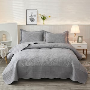 3-Piece Noble Grey Embroidery 100% Cotton Lightweight Queen Size Quilt Set