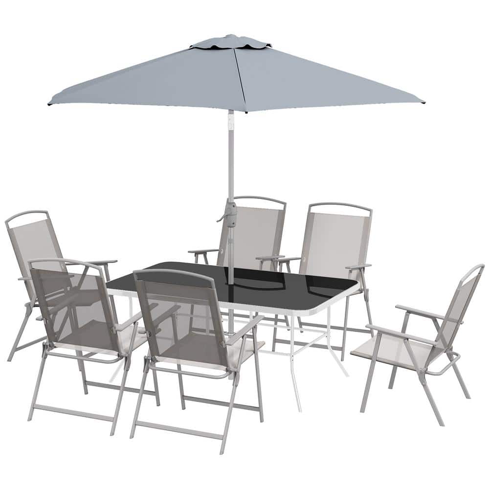 Gray 8-Piece Metal Outdoor Dining Set with Table Umbrella, 6 Folding Chairs