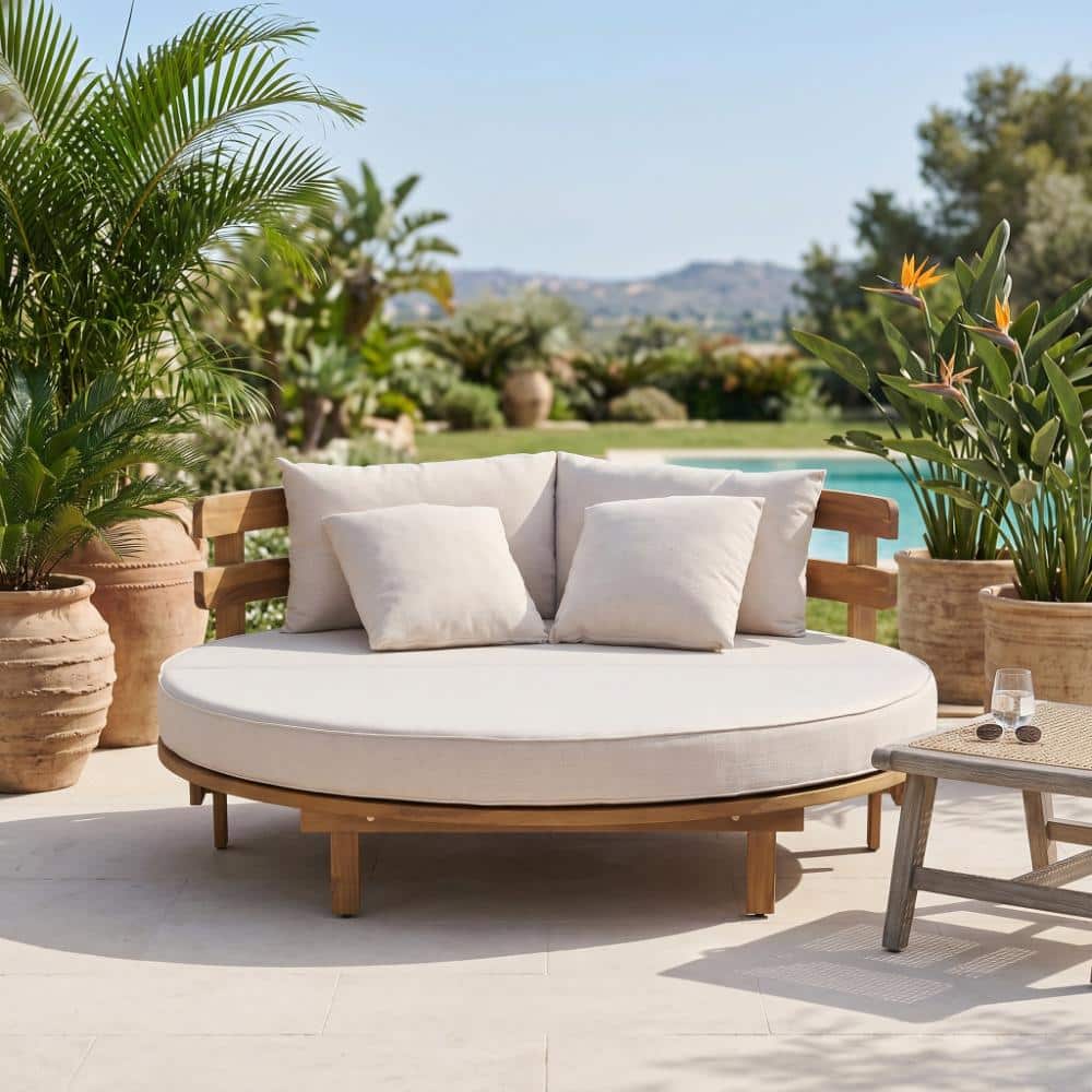 Outdoor Acacia Wood Round Daybed with Beige Cushion and 4 Pillows for Backyard
