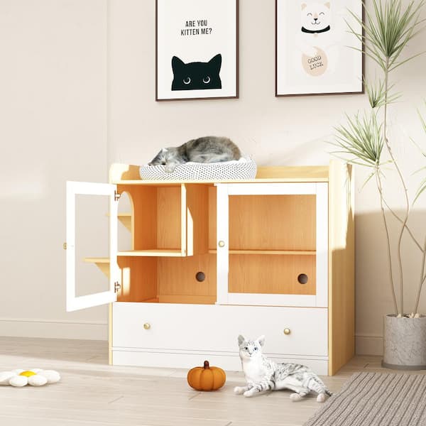 Luxury Cat Litter Box Enclosure, Multi-Purpose Cat Condo Hidden Litter Box with Drawer and Stairs for Cat White with Log