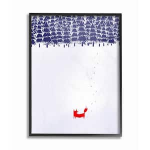 24 in. x 30 in. "Minimal Red Fox in the Snow Blue Pine Forest Illustration" by Robert Farkas Framed Wall Art