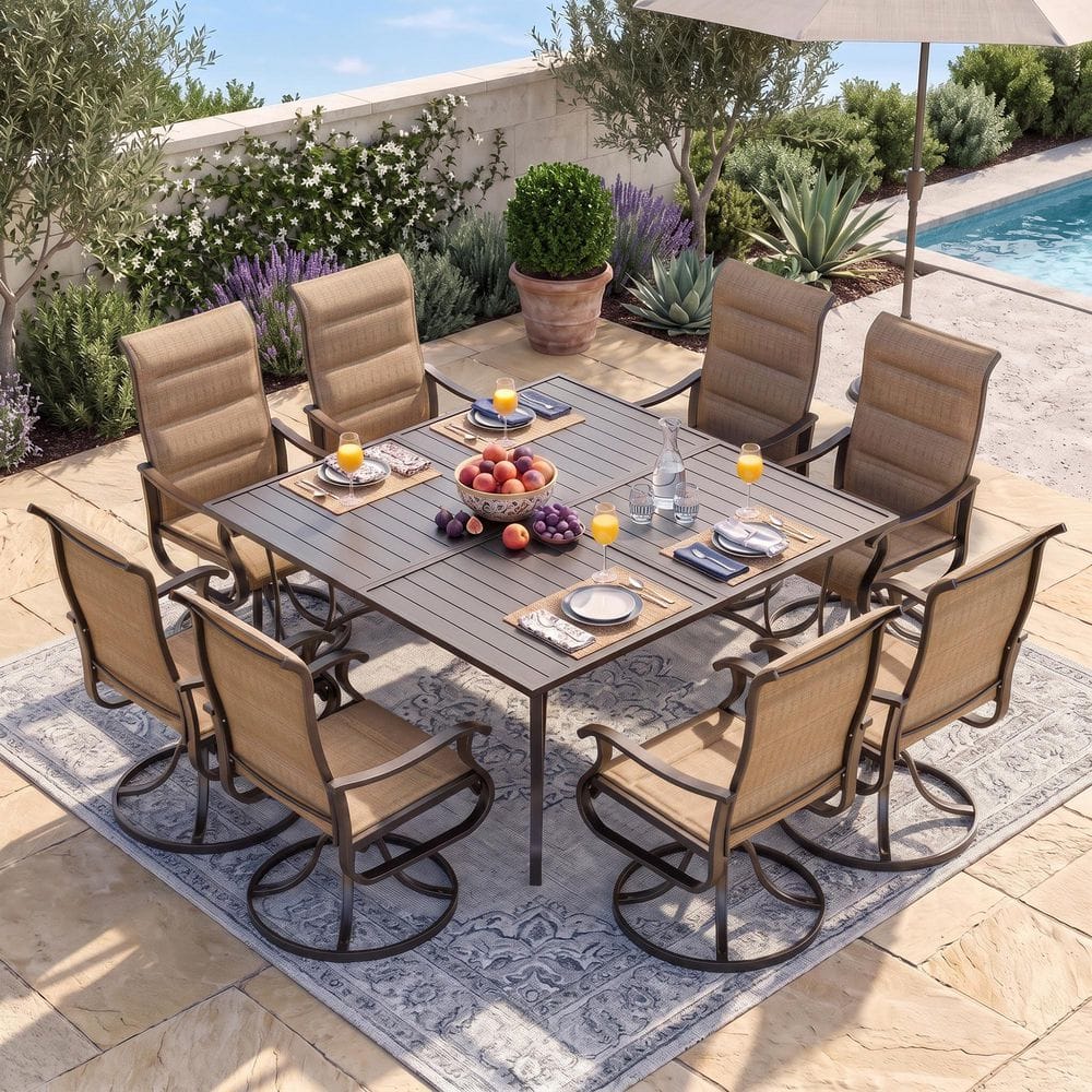 Black 9-Piece Padded Textilene and Iron Metal Outdoor Dining Set, 8-Swivel Chairs and Square Dining Table price history on PriceWatchPro