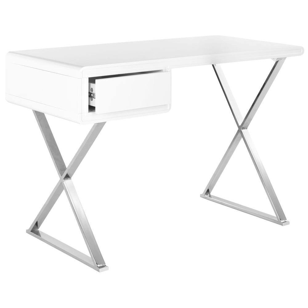 White and Silver Transitional Wood Home Office Desk with Drawer