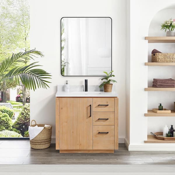 ROSWELL San 36 in.W x 22 in.D x 33.8 in.H Single Sink Bath Vanity in Fir Wood Brown with White Composite Stone Top