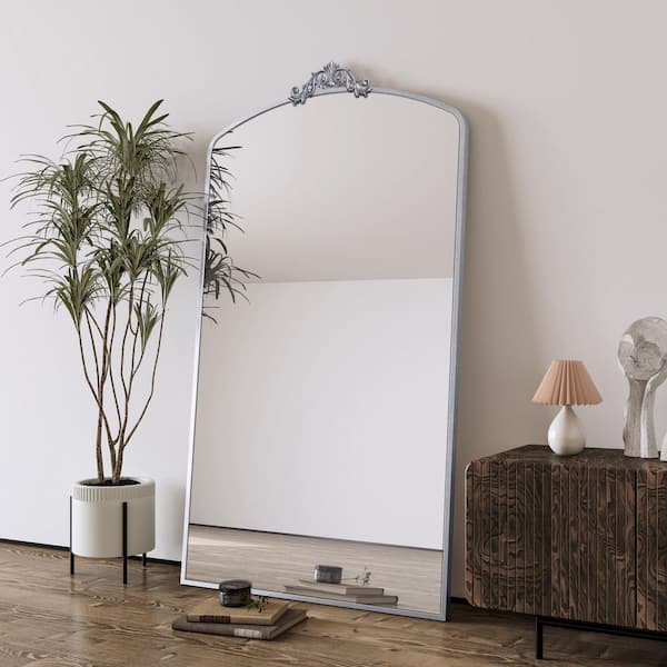 Silver 36 in. W x 66.5 in H Vintage Arched Floor Mirror, Baroque Metal Frame, Entryway and Living Room Decor