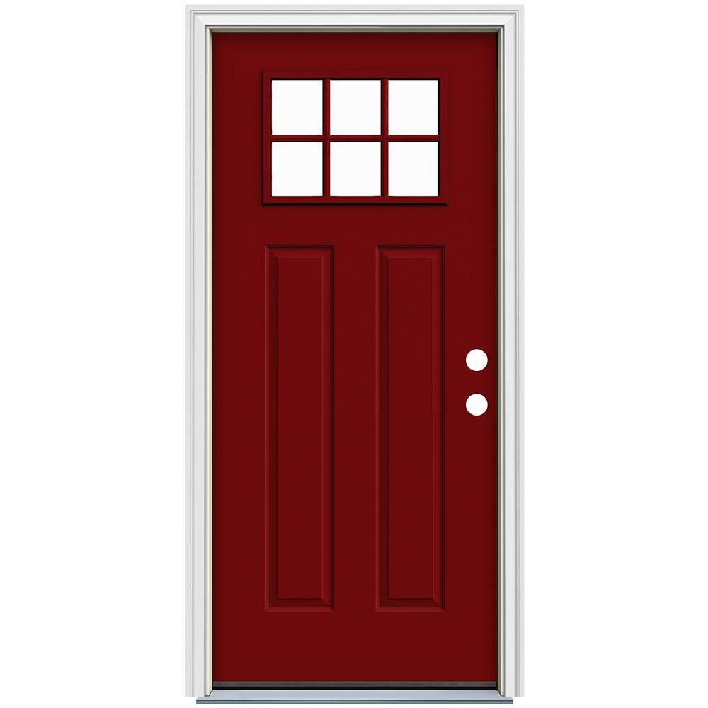 34 in. x 80 in. 6-Lite Craftsman Cranberry Red Painted Steel Prehung Left-Hand Inswing Front Door with Brickmould