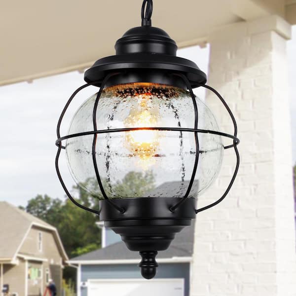 LNC Globe Industrial Black Outdoor/Indoor Pendant Light 1-Light Porch, Hallway Cage Hanging Light with Seeded Glass Shade