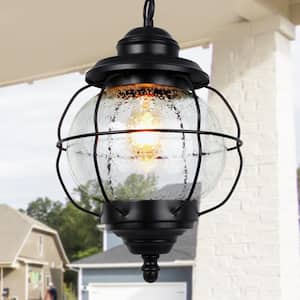 Globe Industrial Black Outdoor/Indoor Pendant Light 1-Light Porch, Hallway Cage Hanging Light with Seeded Glass Shade