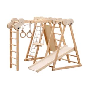 5-In-1 Indoor Kids Wooden Gym Climber-Natural Smooth Waterproof Surface Children Playset