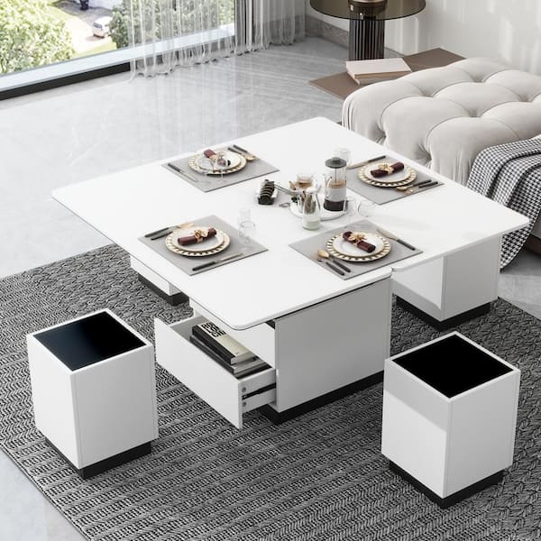 Harper & Bright Designs Modern 47.2 in. Black and White Rectangle Tempered Glass Lift Top Coffee Table with Drawers and Cabinets