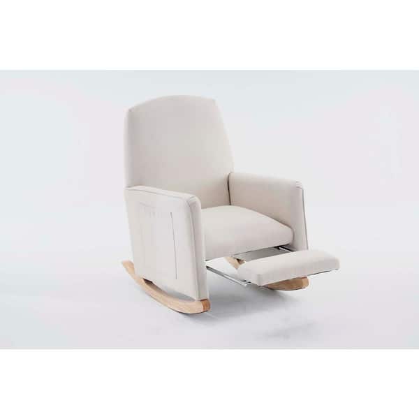 wetiny Beige Cotton Linen Fabric Nursery Rocking Chair with Adjustable Footrest