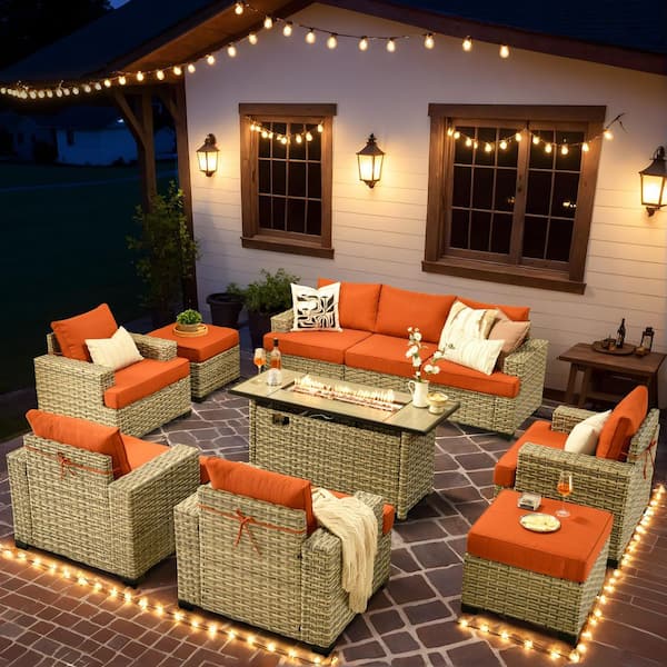 OVIOS Tiberte Gray 10-Piece Wicker Patio Rectangle Fire Pit Conversation Set with Orange Red Cushions