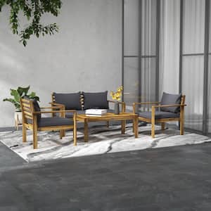 4 Piece Wood Patio Conversation Set with Gray Cushions
