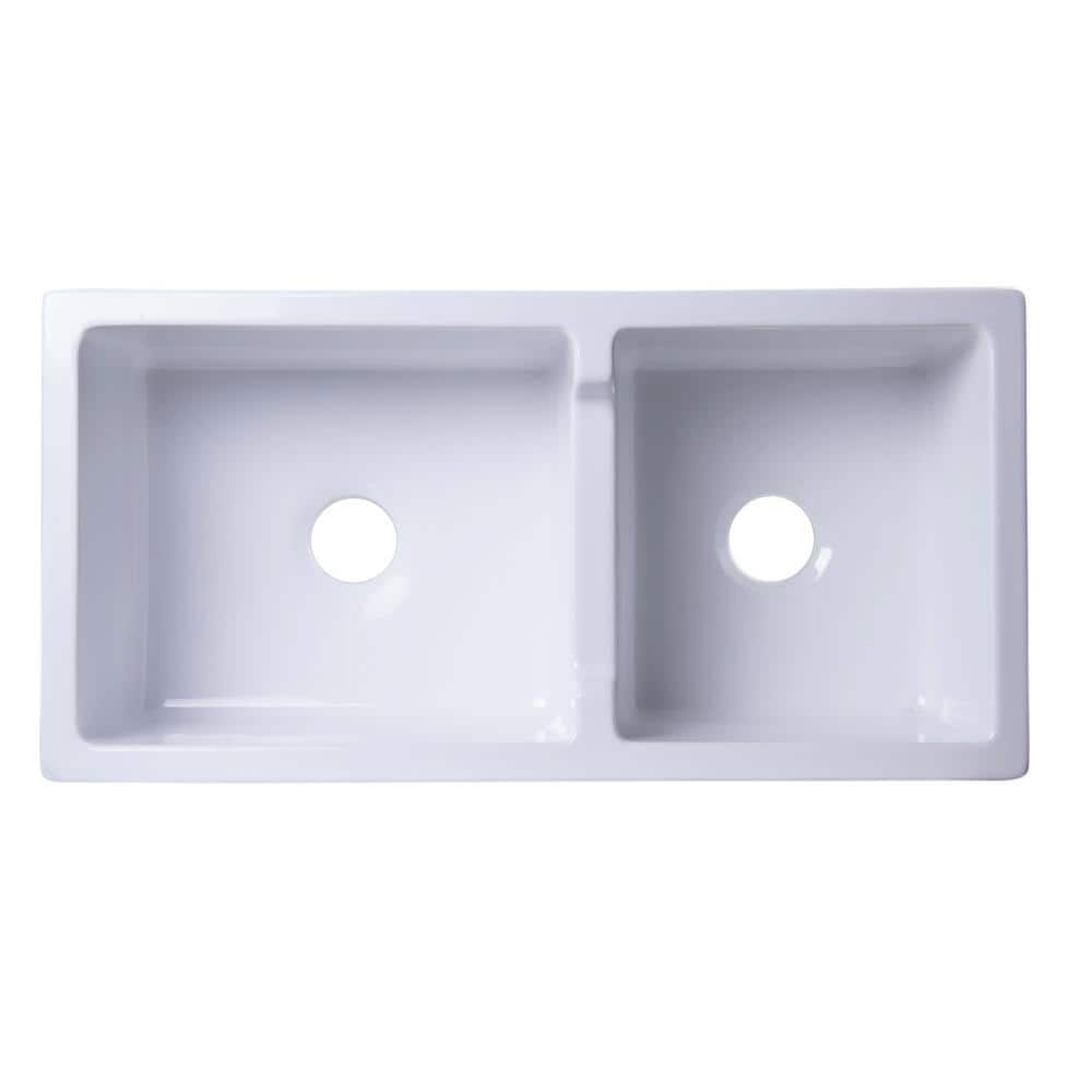 36'' White Fireclay Double Bowl Farmhouse Sink