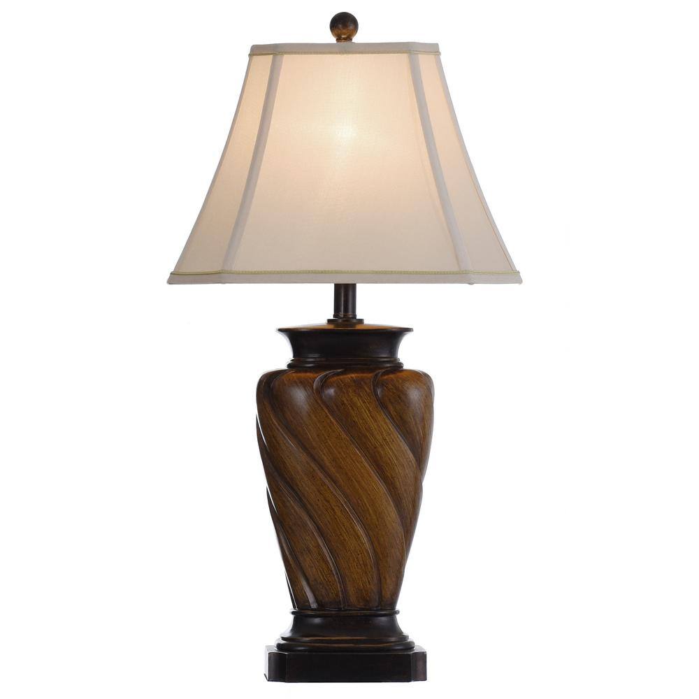 Toffee Wood Finish Table Lamp with White Fabric Shade