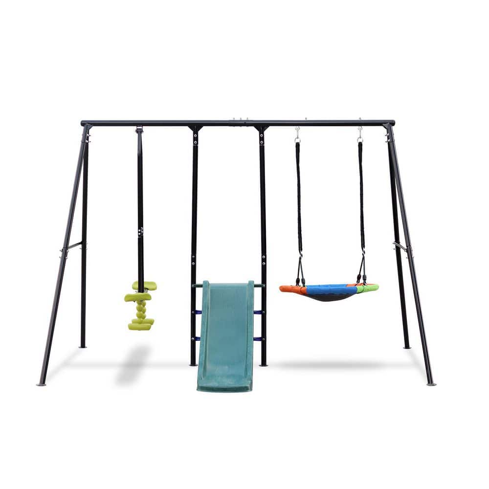 3 in 1 Black Metal Outdoor Playset with Saucer Swing and Glider