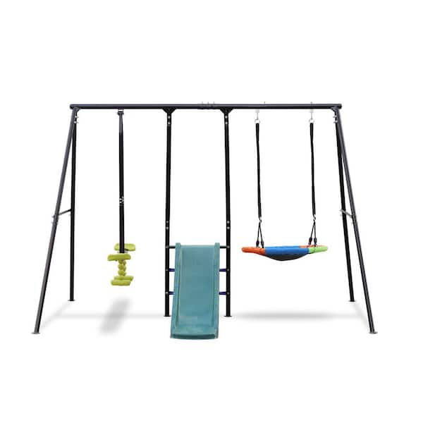 3 in 1 Black Metal Outdoor Playset with Saucer Swing and Glider
