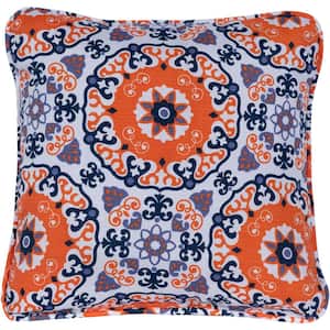 Medallion Orange and Blue Indoor or Outdoor Throw Pillow