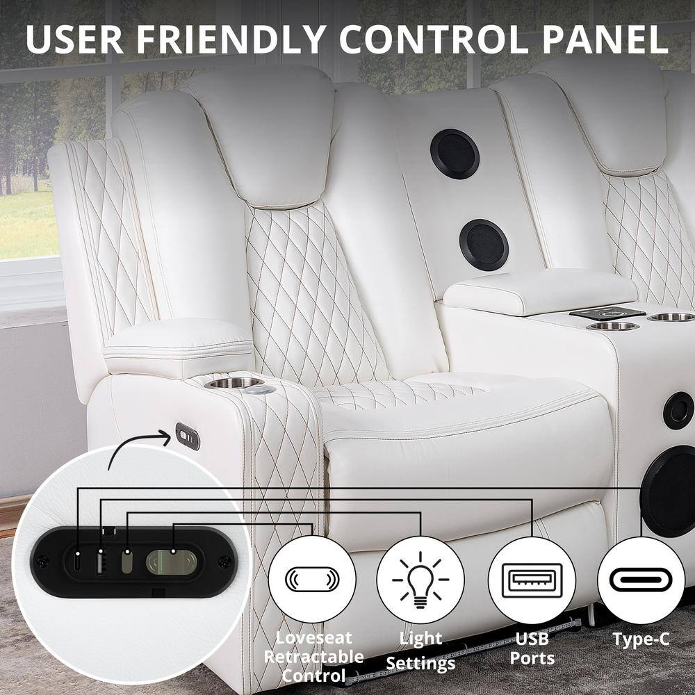 White Faux Leather Reclining Loveseat with Cup Holders and LED Lights