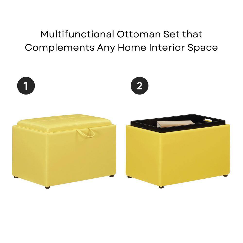 Modern Yellow Faux Leather Accent Storage Ottoman with Reversible Tray