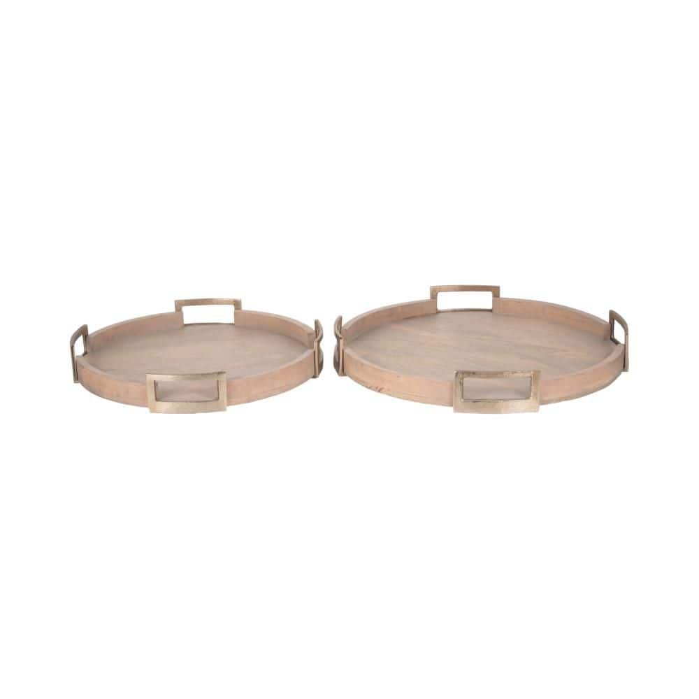 Brown Round Wood 22 in./26 in. Decorative Trays with Handles (Set of 2)