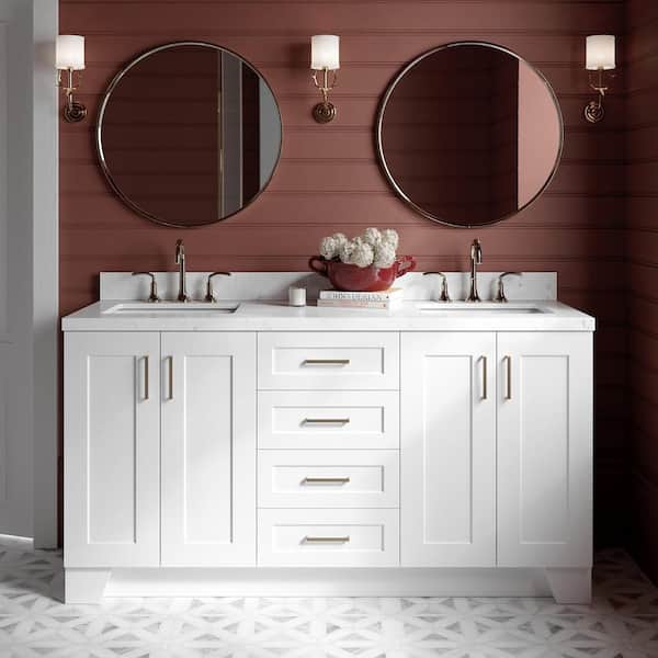 ARIEL Taylor 66.25 in. W x 22 in. D x 36 in. H Double Sink Freestanding Bath Vanity in White with Carrara Quartz Top