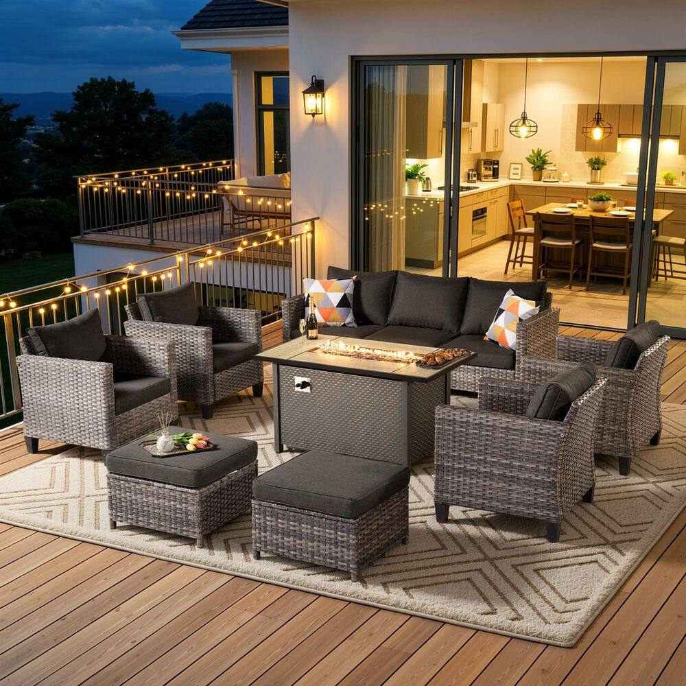 Positano Gray 8-Piece Wicker Patio Rectangle Fire Pit Conversation Seating Set with Black Cushions price history on PriceWatchPro