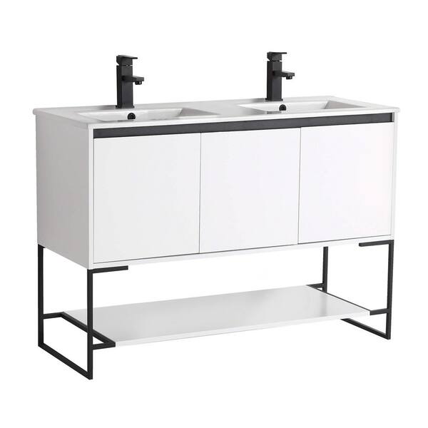 FINE FIXTURES Urbania 48 in. W x 18.5 in. D x 33.5 in. H Bath Vanity in Matt White with White Ceramic Vanity Top with White Basin