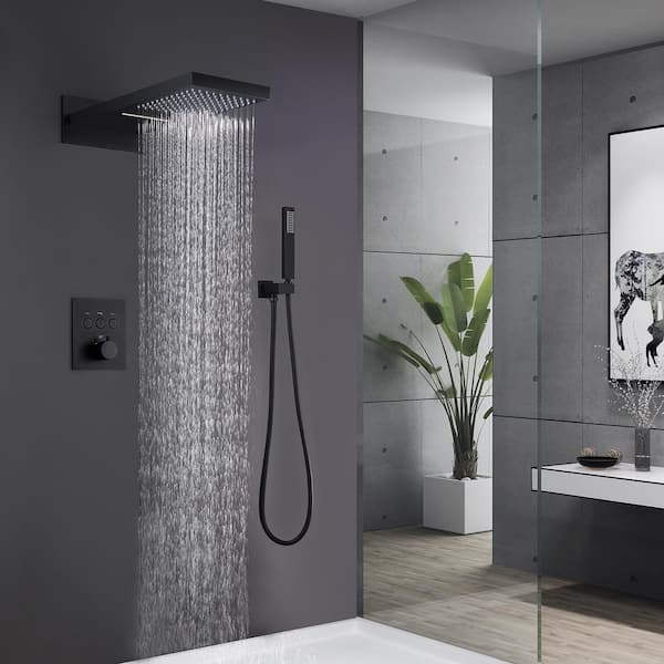 Wall-Mounted 380 x 700mm Shower Faucet System in Matte Black Rainfall 5 Functions