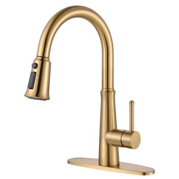 WOWOW Single Handle Deck Mount Gooseneck Pull Down Sprayer Kitchen Faucet with Deckplate Included in Brushed Gold