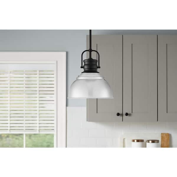 Home Decorators Collection Shelston 10 in. 1-Light Chrome and Black Farmhouse Pendant Light Fixture with Metal Shade
