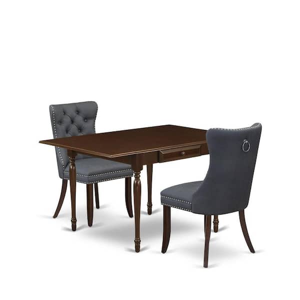 East West Furniture 3-Piece Mahogany Finish Rectangular Solid Wood Top with Dropleaf Dining Table Set