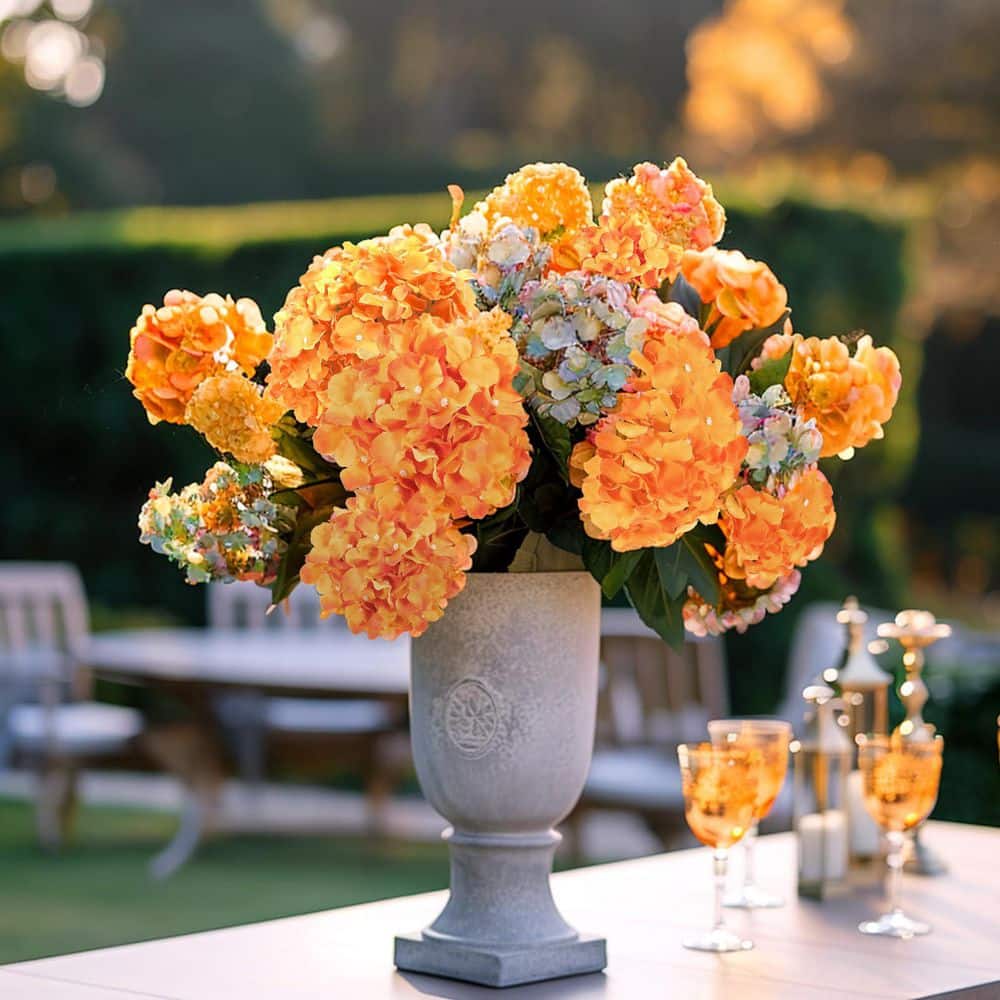 11.1 in. Orange Outdoor Artificial Hydrangea Flower for Decoration (Set of 