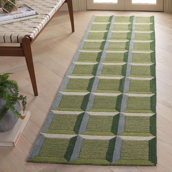 Genre 2 ft. x 13 ft. Green/Beige square Geometric Runner Rug
