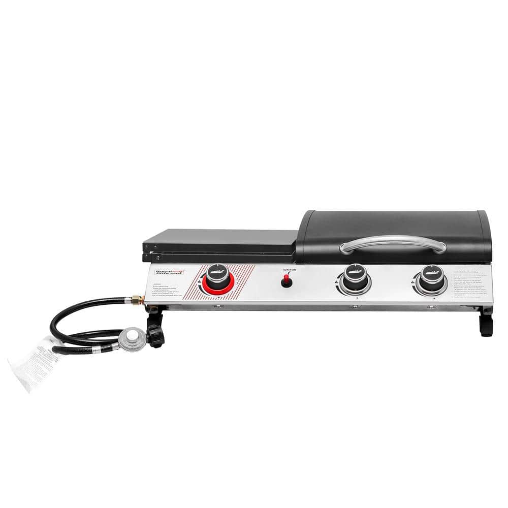 Silver and Black 3-Burner Portable Gas Griddle with Side Burner